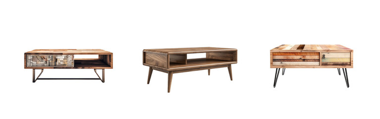 Set of wooden coffee tables. Modern furniture. Desk with platform and legs. Dining wooden tabletop. Realistic furnishing elements. PNG file with transparent background. Generative ai. 