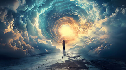 Lonely figure in cloudy tunnel, concept of entrance to the afterlife