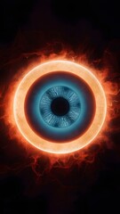 A striking 3D visual of a massive, glowing evil eye with tendrils of darkness spreading out from its pupil. The eye has a menacing, almost demonic look - obrazy, fototapety, plakaty