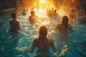 A crowd revels in a geothermal pool as the sun casts a golden glow, epitomizing relaxation and communal bliss