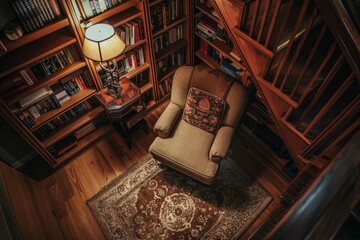 A cozy reading nook with a comfortable armchair and a lamp in a room surrounded by a bookcase - obrazy, fototapety, plakaty
