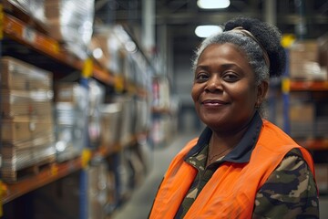 Smiling portrait of a middle aged female warehouse worker
