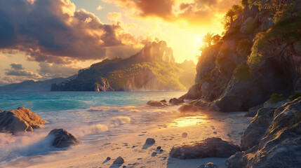  A serene coastal scene with rugged cliffs, a sandy beach, and the sun setting over the horizon, casting a warm glow on the landscape.