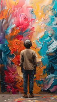 A male artist stands in front of a wall painted with different colors.