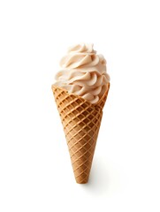 Light Brown Ice Cream in a Waffle Cone on a white Background. Template with Copy Space