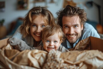 Young couple with a child unpacking boxes in their new home - obrazy, fototapety, plakaty