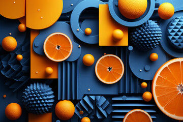 a group of oranges and blue objects