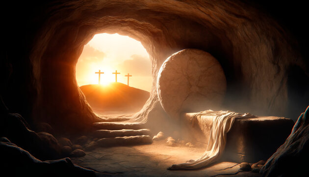 The Resurrection of Jesus. Empty tomb with crucifix at dawn. flare Effects and Bokeh Lights.