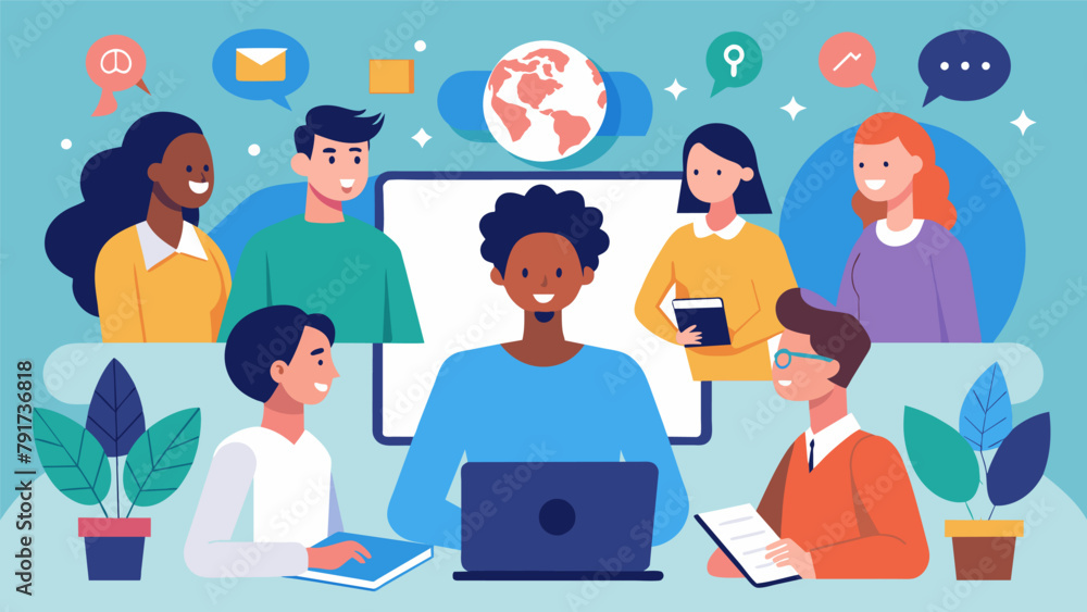 Poster a group of students from different countries connect through a virtual group training session facili