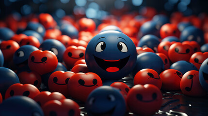 a blue ball with a smiling face surrounded by red and blue balls