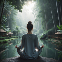 woman sitting and meditating in exotic nature like yoga in nature concept, photorealistic illustration