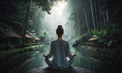 woman sitting and meditating in exotic nature like yoga in nature concept, photorealistic illustration
