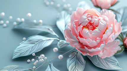 Elegant Pink Peony with Silver Leaves and Pearls on Light Blue Background