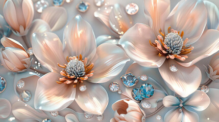 Elegant Soft Peach Flowers with Sparkling Gems Serene Background