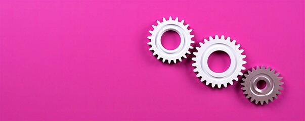 Three white gears on a Magenta background, laid flat, copy space concept for business technology and development in the abstract vector with copy space for photo text or product, blank empty copyspace