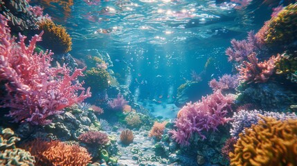 A colorful coral reef with a variety of sea creatures swimming around