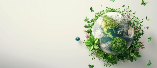illustration of an earth globe surrounded with green plants and copy space on a white background for an earth themed card poster banner design
