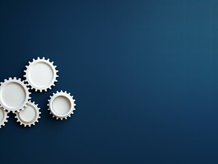 Three white gears on a Navy Blue background, laid flat, copy space concept for business technology and development in the abstract vector with copy space for photo text or product, blank empty copyspa