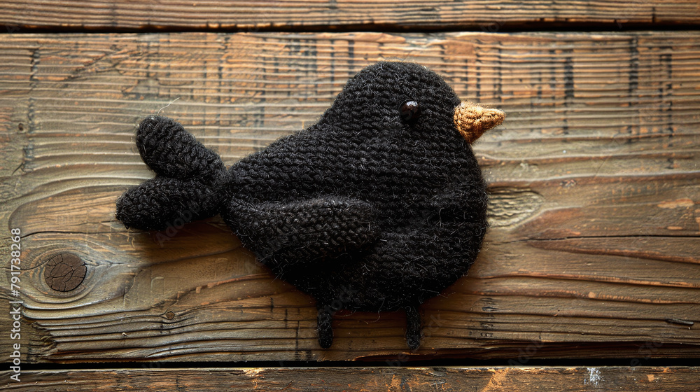 Wall mural Handmade Black Knitted Bird Toy on Rustic Wooden Background - Wall murals