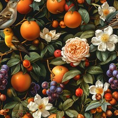 Vintage Botanical Illustration: Detailed Flora and Fauna with Fruit and Birds
