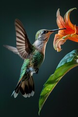 Fototapeta premium Beautiful Hummingbird Feeding on Flower Against Dark Background in Nature Wildlife CloseUp Photo