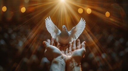 Human hands open palm up worship. Eucharist Therapy Bless God Helping Repent Catholic Easter Lent Mind Pray. Christian Religion concept background. Winged dove Testament Holy Spirit Religious - obrazy, fototapety, plakaty