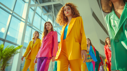 Models Wearing New Fashion Collection Suits at a Modern Office. Luxury Brand, Fancy Formal Clothes, Business Executive Look. Retro, Vibrant, Bold Contemporary style. Freedom, Equality, Career Success.