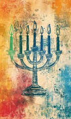 A colorful artistic rendition of a seven-branched candelabrum on a textured background - obrazy, fototapety, plakaty