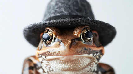Close Up Portrait of Stylish Frog Wearing Black Hat on Light Background - obrazy, fototapety, plakaty