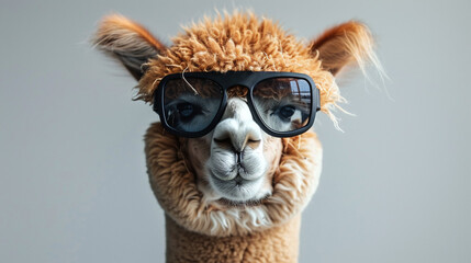 Obraz premium Funny Alpaca Wearing Sunglasses with Stylish Wool Hat on Gray Background