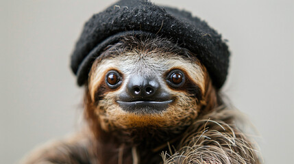 Fototapeta premium Close Up Portrait of Brown Sloth Wearing Black Beret with Intriguing Eyes