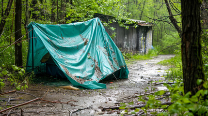 A tent is set up in the woods, with a green tarp covering it