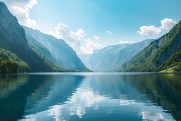 A serene lake surrounded by towering mountains, reflecting the clear blue sky and offering a peaceful summer retreat isolated on solid white background. - Powered by Adobe