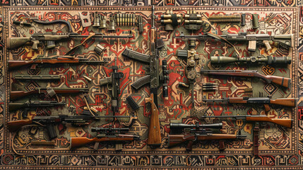A large collection of guns are displayed on a rug