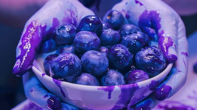 A hand holding a bowl of blueberries with purple paint on it