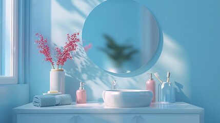 Bright Blue Bathroom Decor with Pink Accents and Circular Mirror Reflection