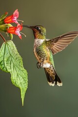 Fototapeta premium Colorful hummingbird feeding on nectar from a vibrant flower with green leaf in beak in a natural setting