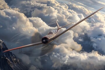 A graceful glider, a plane, soaring silently through the clouds.