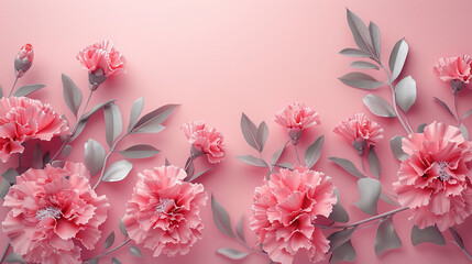 Vibrant Pink Carnations and Silver Leaves on Soft Pastel Background