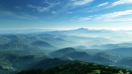 Distant Mountain Range with Layers of Ridges Fading into the Mist, Creating a Serene and Majestic Landscape


