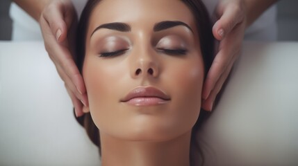 close up photo of the face of a woman with closed eyes in a relaxed pose with beautician's hands on her cheeks