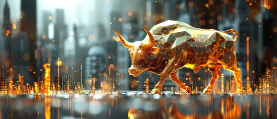 Futuristic digital bull superimposed on a cityscape background with glowing circuit board elements, symbolizing financial technology. - obrazy, fototapety, plakaty