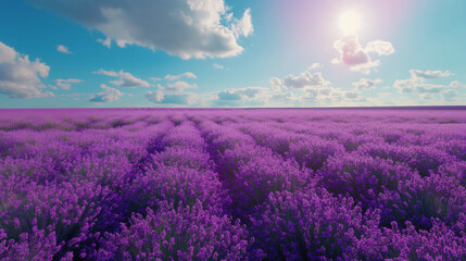 A vast field of blooming lavender, stretching to the horizon and creating a purple sea under a sunny blue sky.