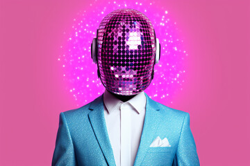 a person wearing a suit and a disco ball mask