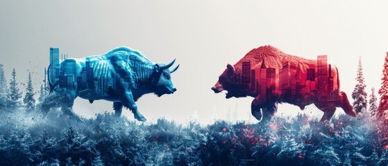 A digital blue bull and a red bear face off, symbolizing the dynamic of bull vs bear market conditions.