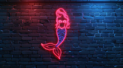 Vibrant Neon Mermaid Silhouette on Dark Brick Wall Background