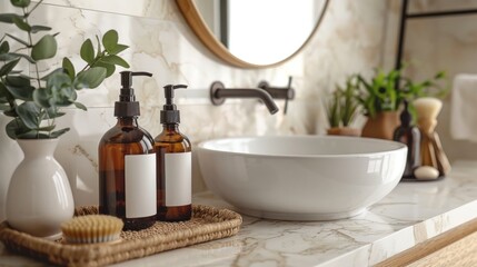 Organic beauty products displayed in a minimalist bathroom.