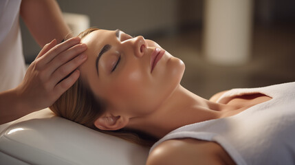  Woman  with her eyes closed is lying on a coach in a relaxed pose with beautician's hands on her forehead