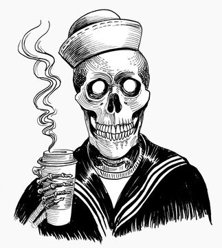 Dead sailor drinking a cup of coffee. Hand drawn ink black and white drawing