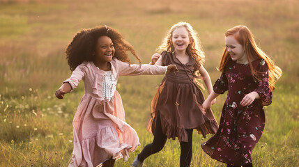 Little girls in dresses play together
